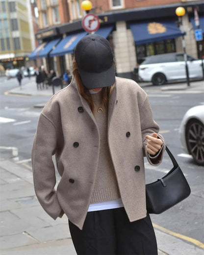 Womens Cropped Double Breasted Peacoat with a Stand Collar and Soft Interior Lining in Khaki or Gray