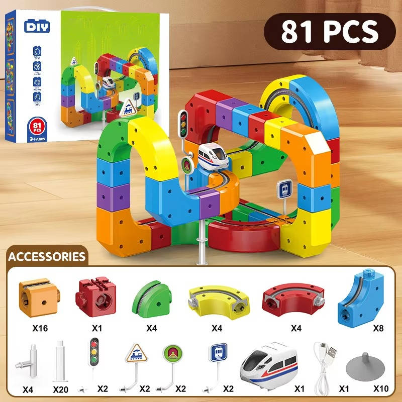Magnetic Train Track Set with a Rechargeable Train, Bendy Track and Road Signs in 51 or 81 Pieces