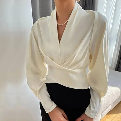 Womens V Neck Long Sleeve Blouse with Rear Zipper and a Slightly Stretchy Lightweight Fabric in Four Colors