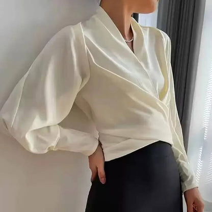 Womens V Neck Long Sleeve Blouse with Rear Zipper and a Slightly Stretchy Lightweight Fabric in Four Colors