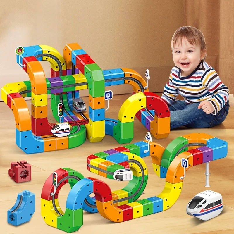 Magnetic Train Track Set with a Rechargeable Train, Bendy Track and Road Signs in 51 or 81 Pieces