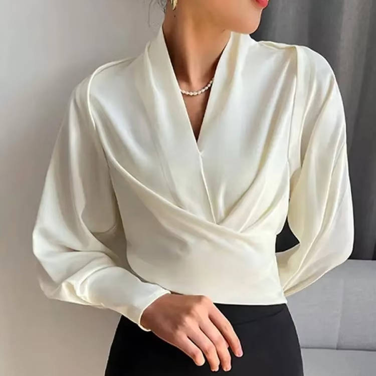 Womens V Neck Long Sleeve Blouse with Rear Zipper and a Slightly Stretchy Lightweight Fabric in Four Colors