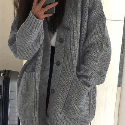 Chunky Ribbed Knit Cardigan with Button Front and Dual Front Pockets