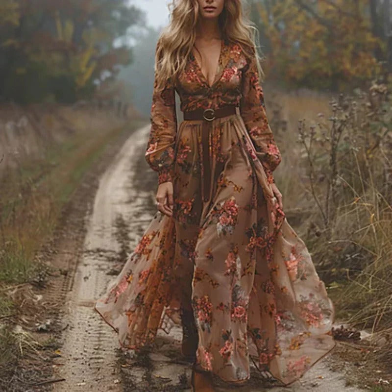Floral Tiered Maxi Dress with Long Sleeves and Relaxed Fit