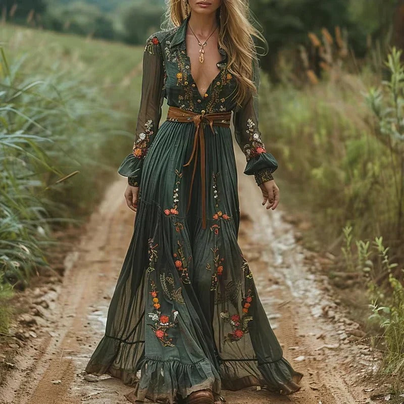 Floral Tiered Maxi Dress with Long Sleeves and Relaxed Fit