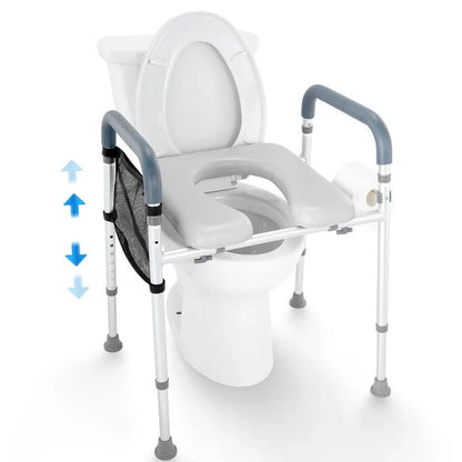 Height Adjustable Raised Toilet Seat with Padded Armrests and Aluminum Frame for Home Bathrooms
