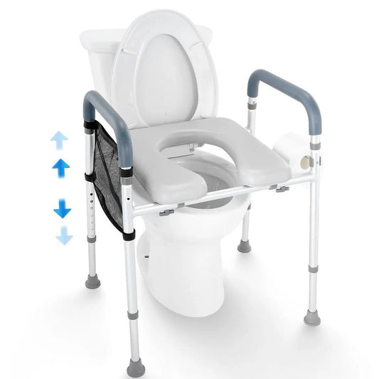 Height Adjustable Raised Toilet Seat with Padded Armrests and Aluminum Frame for Home Bathrooms