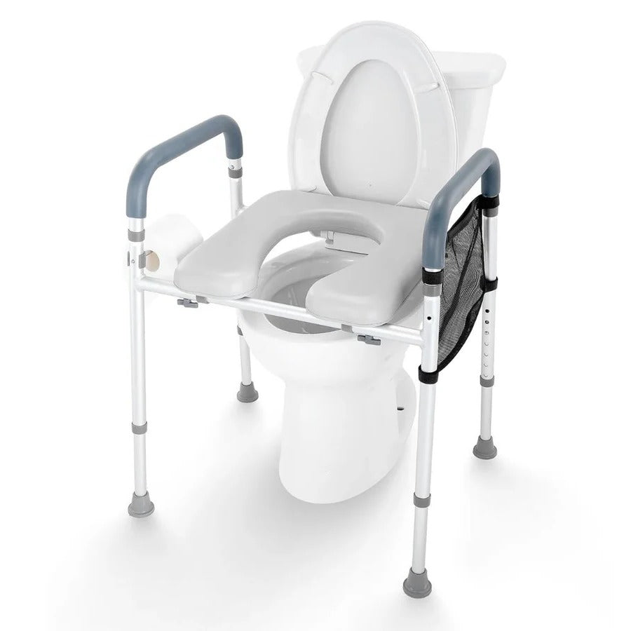 Height Adjustable Raised Toilet Seat with Padded Armrests and Aluminum Frame for Home Bathrooms