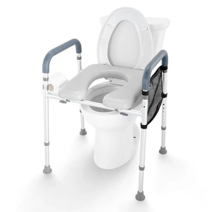 Height Adjustable Raised Toilet Seat with Padded Armrests and Aluminum Frame for Home Bathrooms