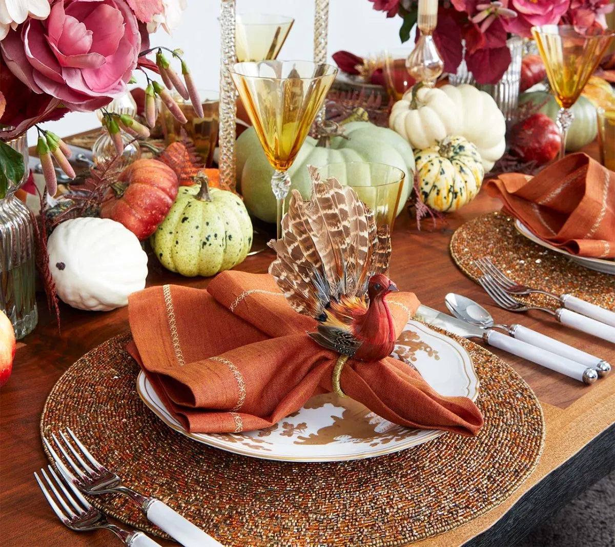 Feather Turkey Napkin Ring Set with Autumn Colors, Pack of 4