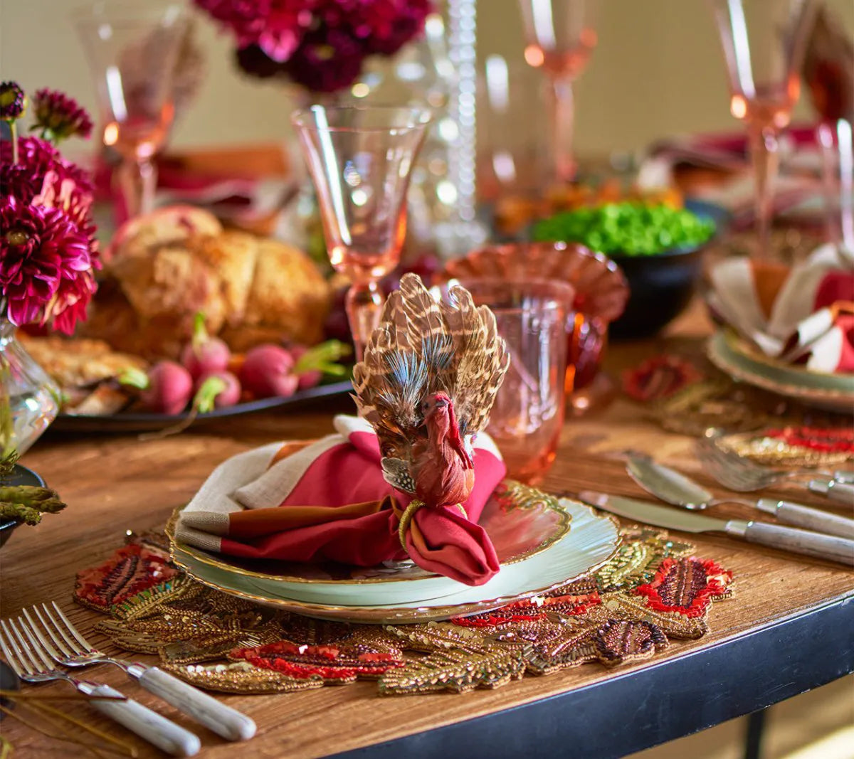 Feather Turkey Napkin Ring Set with Autumn Colors, Pack of 4