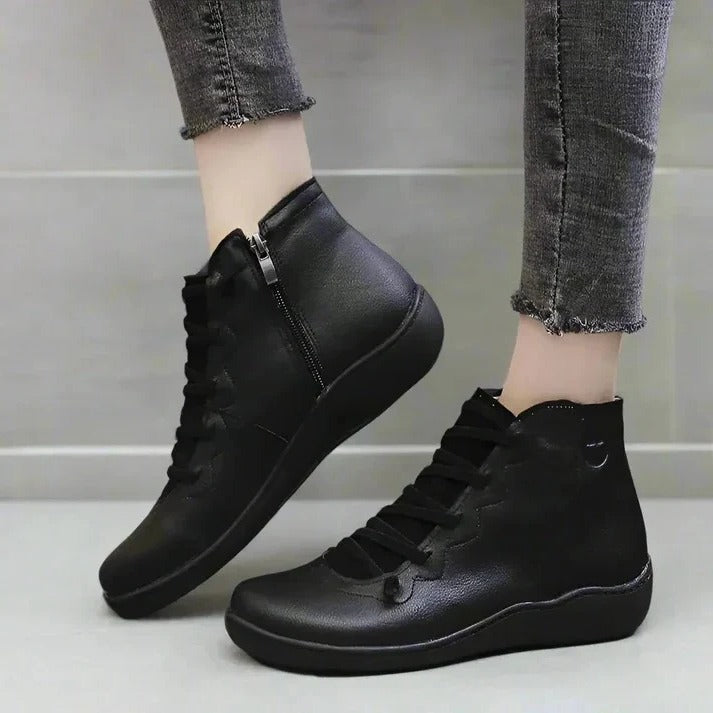 Zip Up Faux Leather Heeled Boots with Thick Block Sole for Women