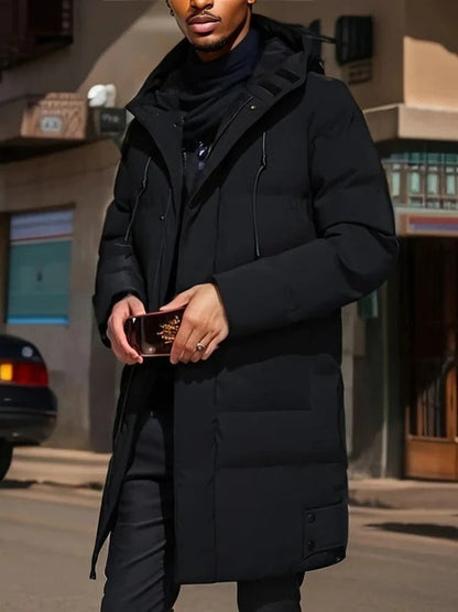Mens Long Winter Jacket with Hood, Front Closure and Outer Pockets in Three Colors