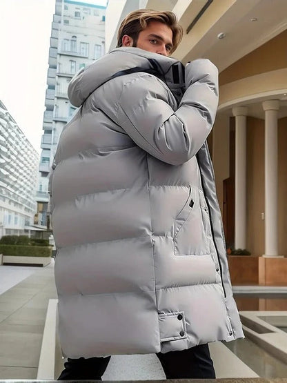Mens Long Winter Jacket with Hood, Front Closure and Outer Pockets in Three Colors