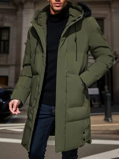 Mens Long Winter Jacket with Hood, Front Closure and Outer Pockets in Three Colors
