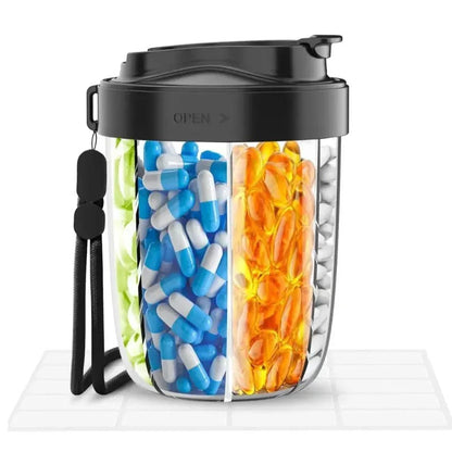 Weekly Pill Case with 4 Sections, Wide Opening Compartments and Carrying Strap for Travel