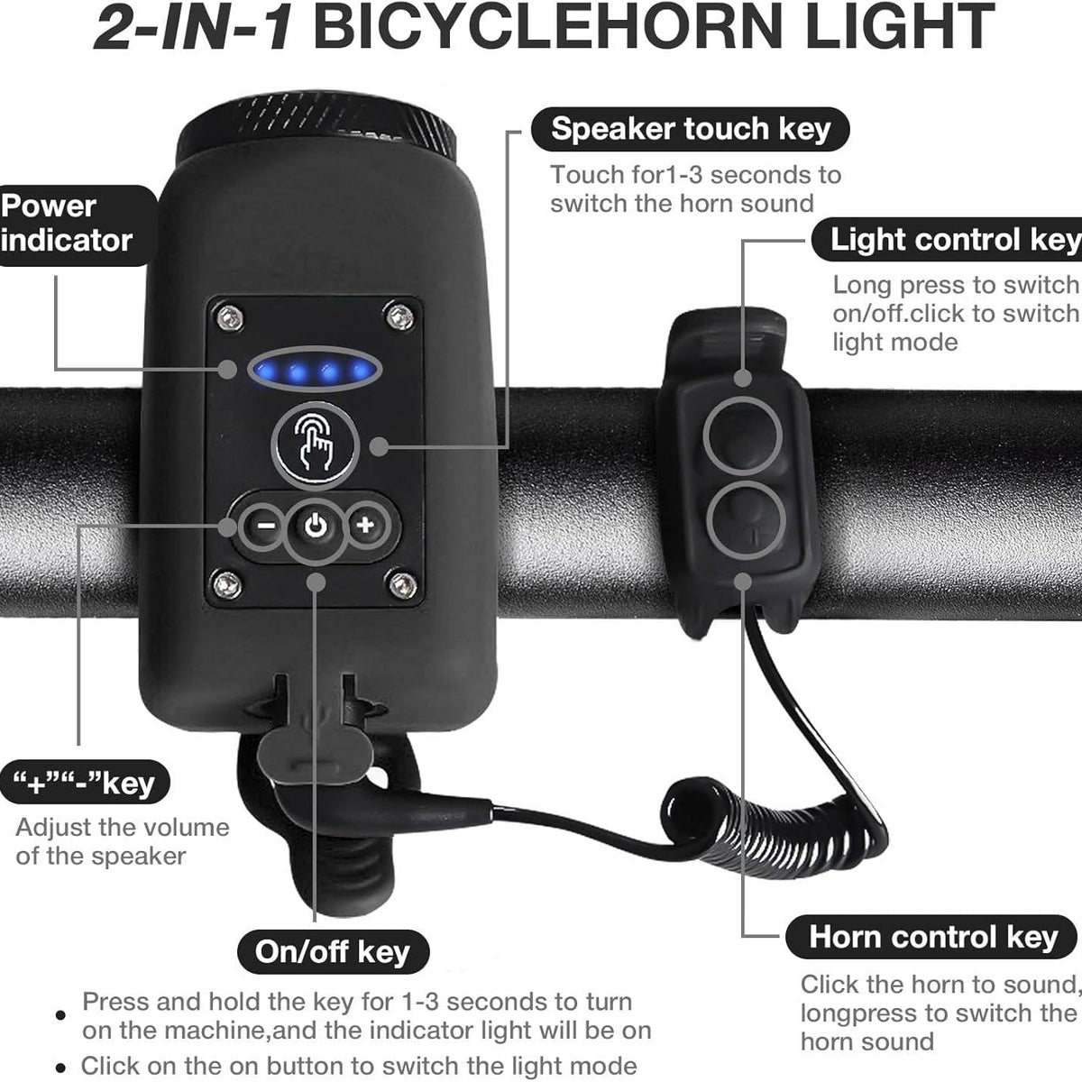 Bicycle Horn and Floodlight with 110dB Sound and 30m Range, IPX5 Waterproof