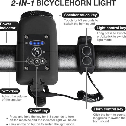 Bicycle Horn and Floodlight with 110dB Sound and 30m Range, IPX5 Waterproof