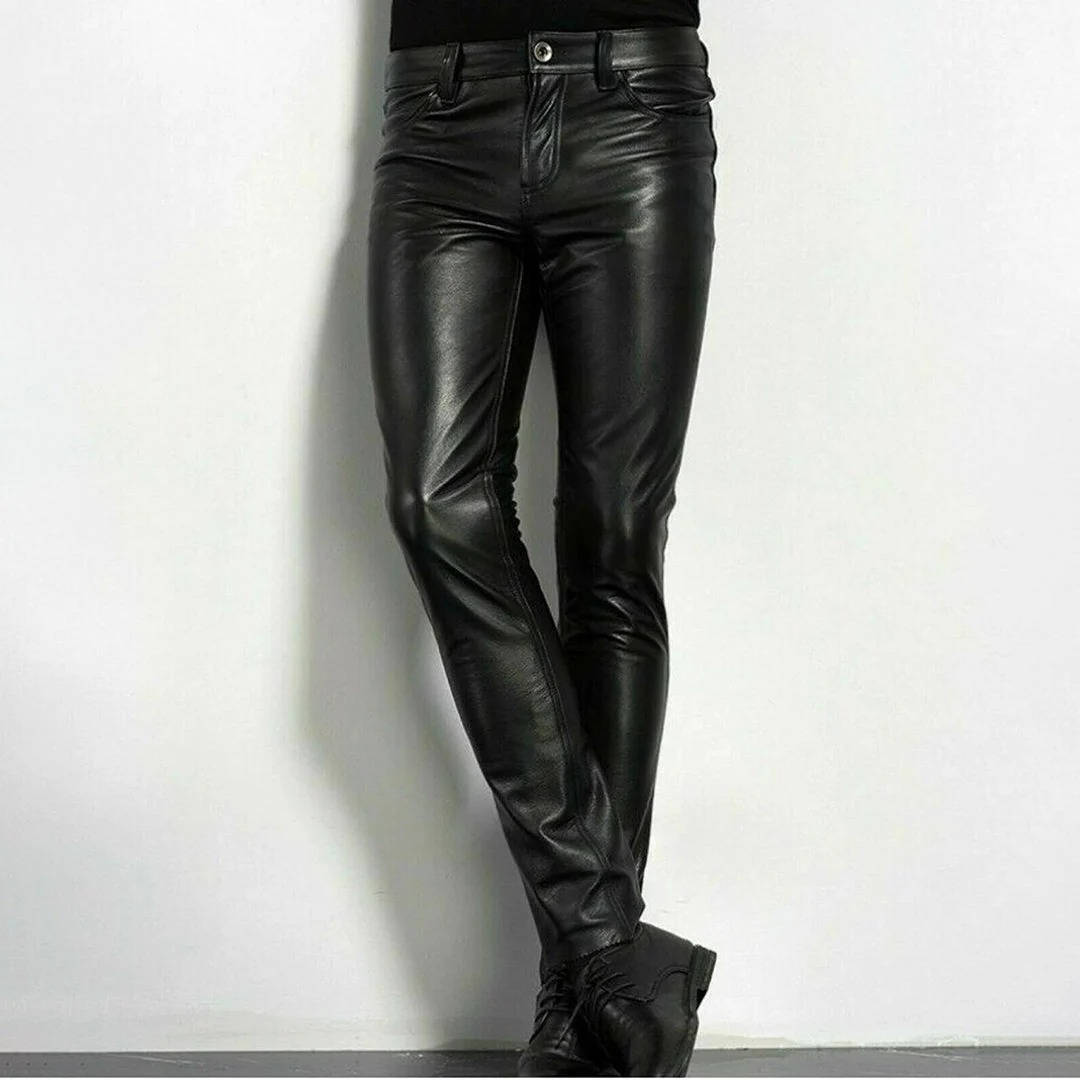 Black Faux Leather Pants with Spandex Stretch and Tapered Ankle Fit, Low Rise