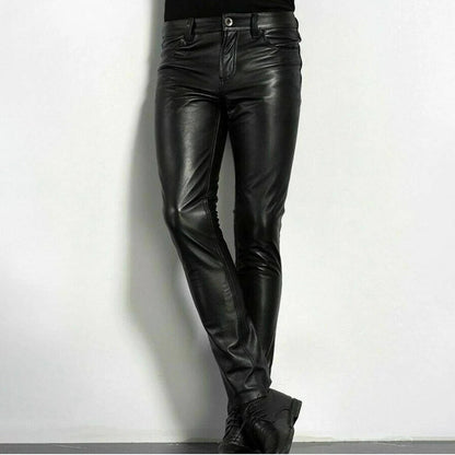 Black Faux Leather Pants with Spandex Stretch and Tapered Ankle Fit, Low Rise