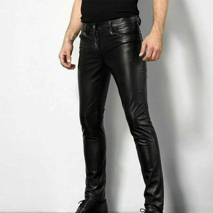 Black Faux Leather Pants with Spandex Stretch and Tapered Ankle Fit, Low Rise