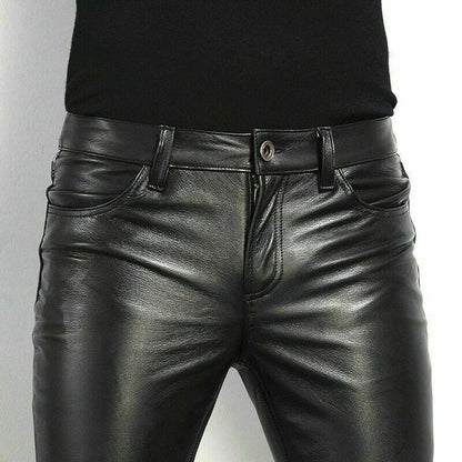 Black Faux Leather Pants with Spandex Stretch and Tapered Ankle Fit, Low Rise
