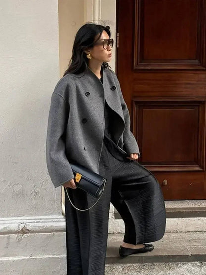 Womens Cropped Double Breasted Peacoat with a Stand Collar and Soft Interior Lining in Khaki or Gray