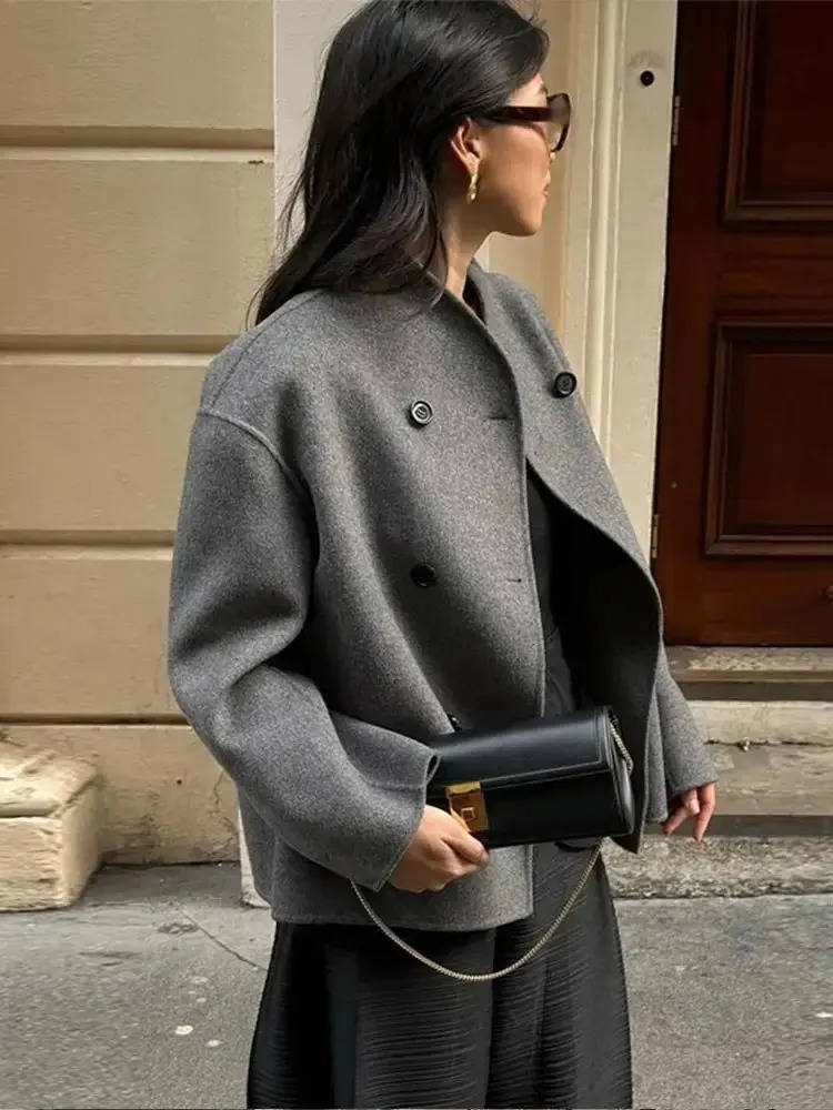 Womens Cropped Double Breasted Peacoat with a Stand Collar and Soft Interior Lining in Khaki or Gray