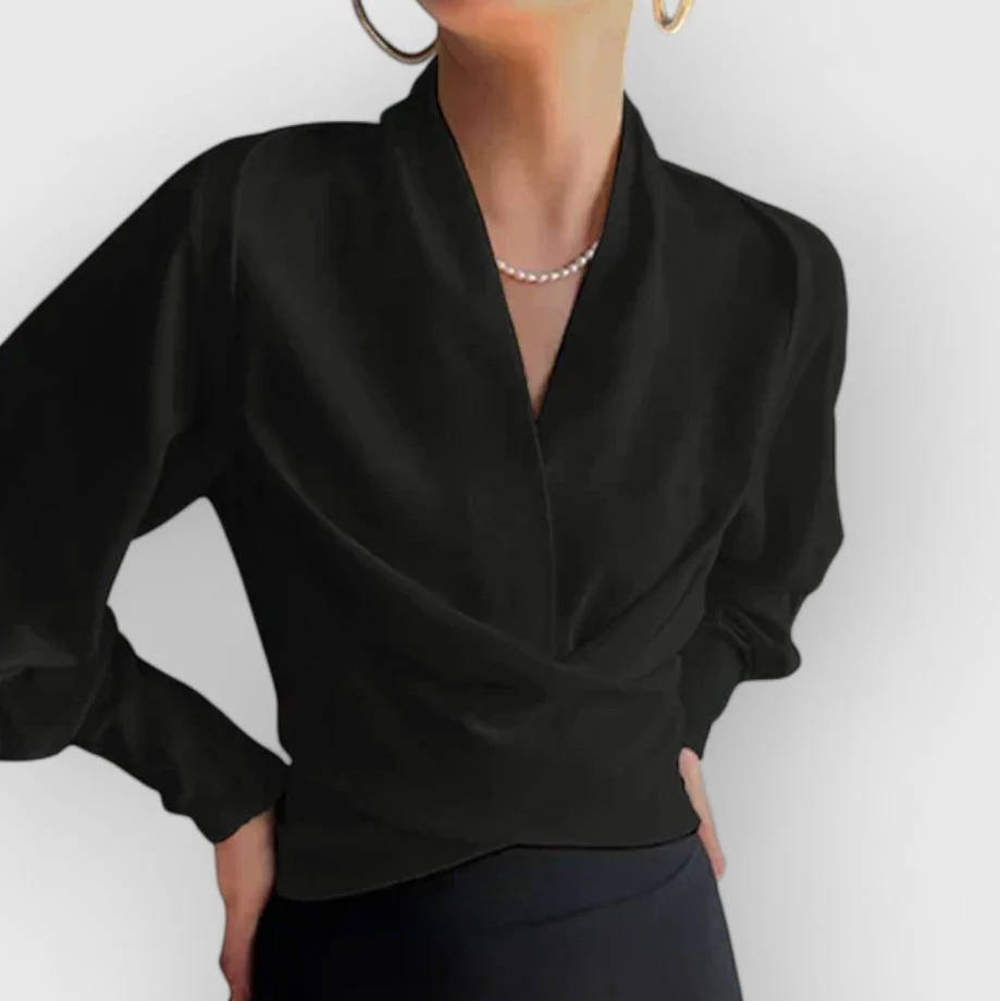 Womens V Neck Long Sleeve Blouse with Rear Zipper and a Slightly Stretchy Lightweight Fabric in Four Colors