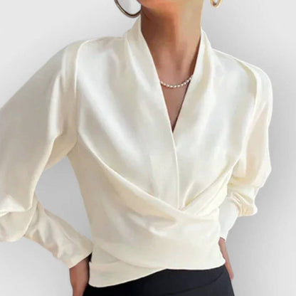 Womens V Neck Long Sleeve Blouse with Rear Zipper and a Slightly Stretchy Lightweight Fabric in Four Colors