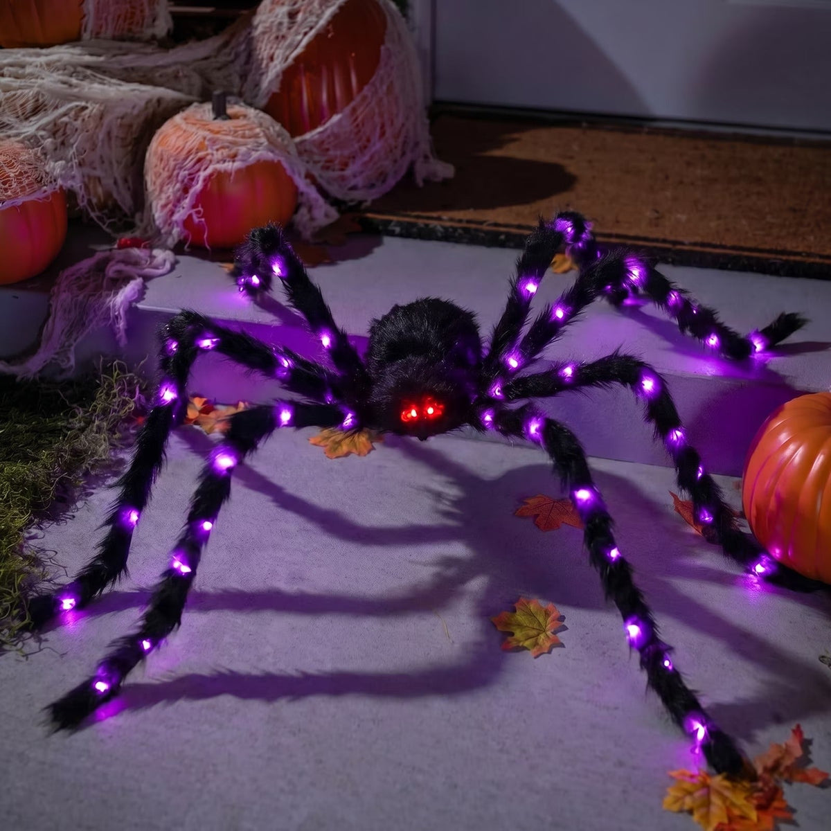 Oversized Five Foot Halloween Spider with Lit Legs and Bendable Fur Covered Body in Purple Or Orange