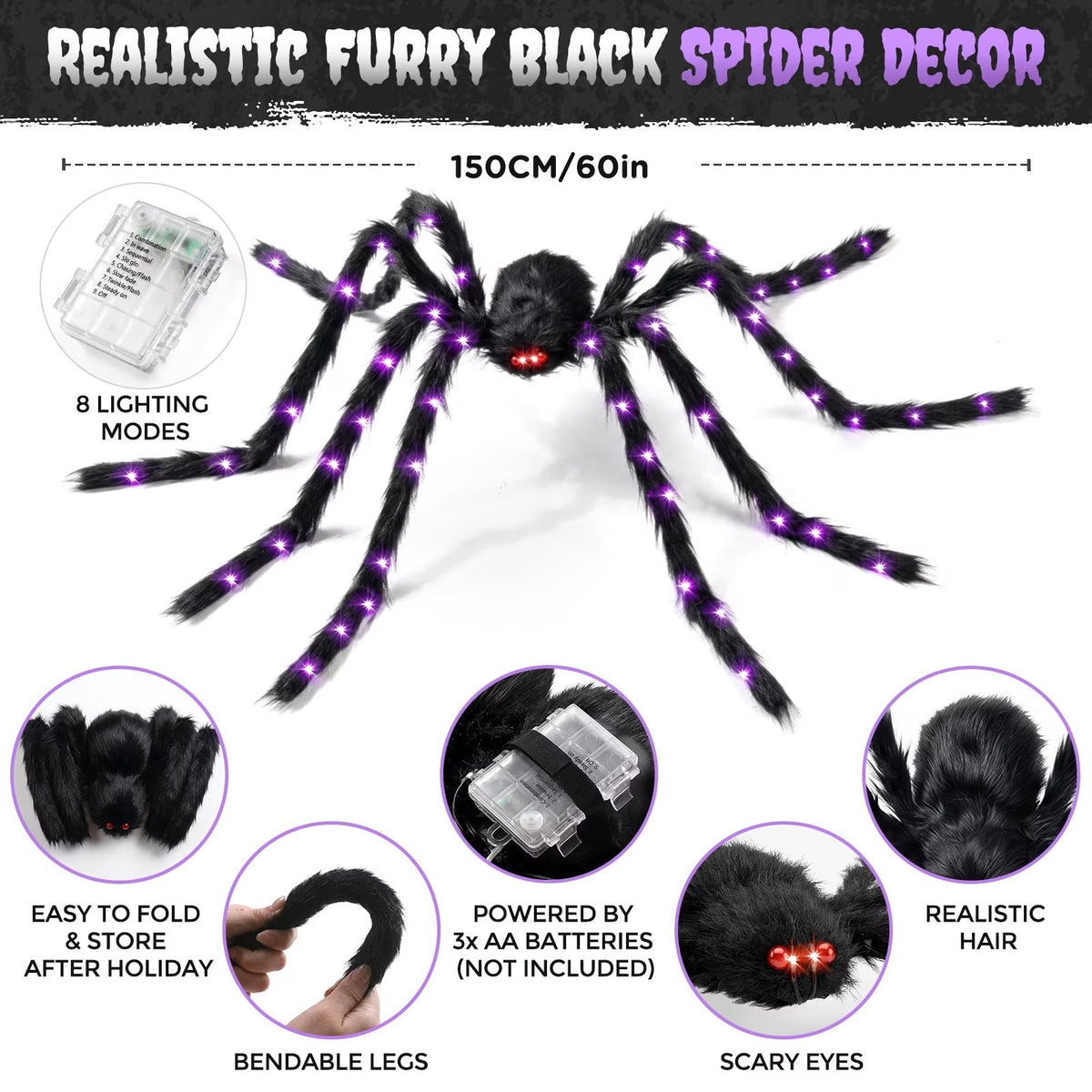 Oversized Five Foot Halloween Spider with Lit Legs and Bendable Fur Covered Body in Purple Or Orange
