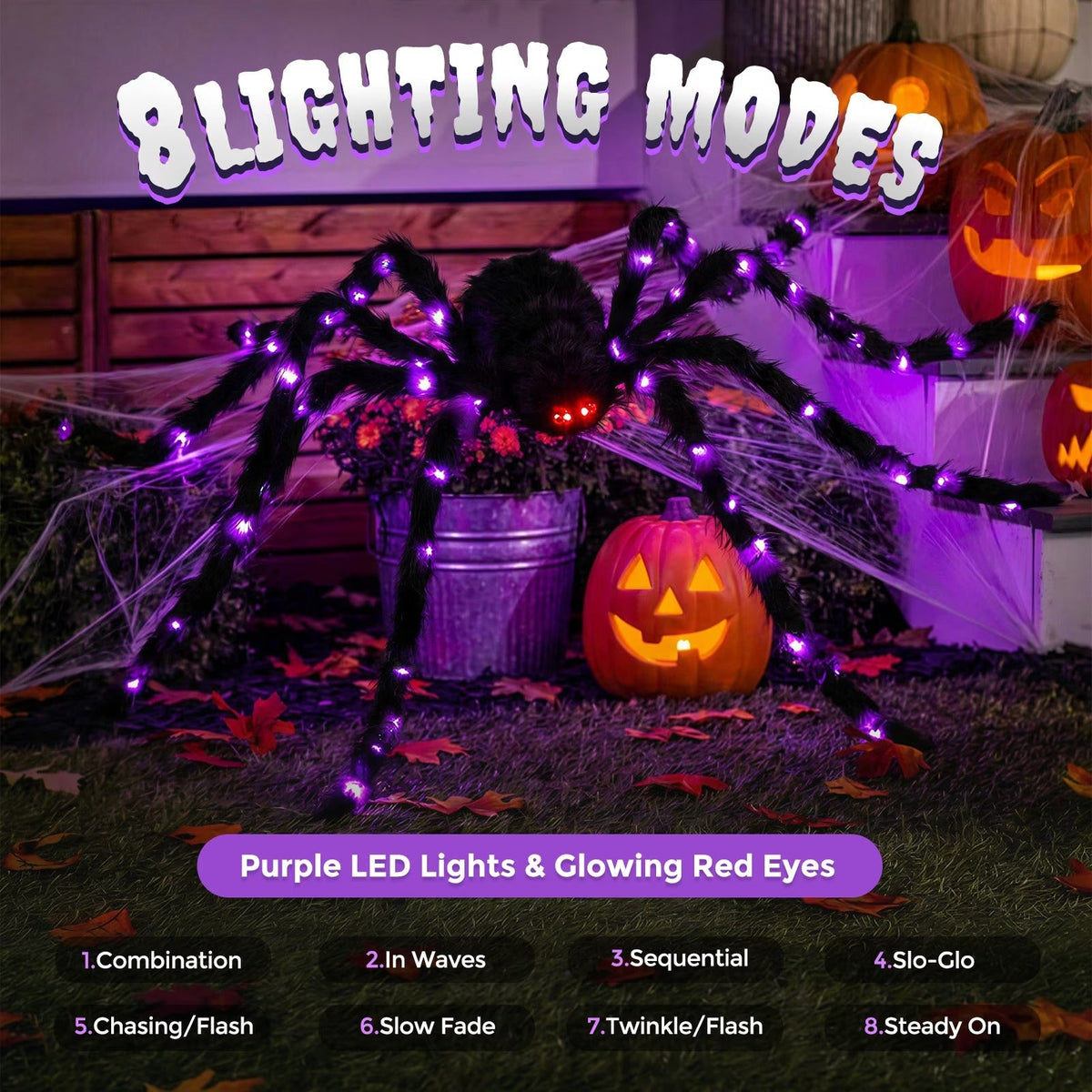 Oversized Five Foot Halloween Spider with Lit Legs and Bendable Fur Covered Body in Purple Or Orange