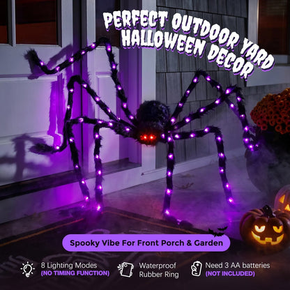Oversized Five Foot Halloween Spider with Lit Legs and Bendable Fur Covered Body in Purple Or Orange