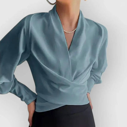Womens V Neck Long Sleeve Blouse with Rear Zipper and a Slightly Stretchy Lightweight Fabric in Four Colors