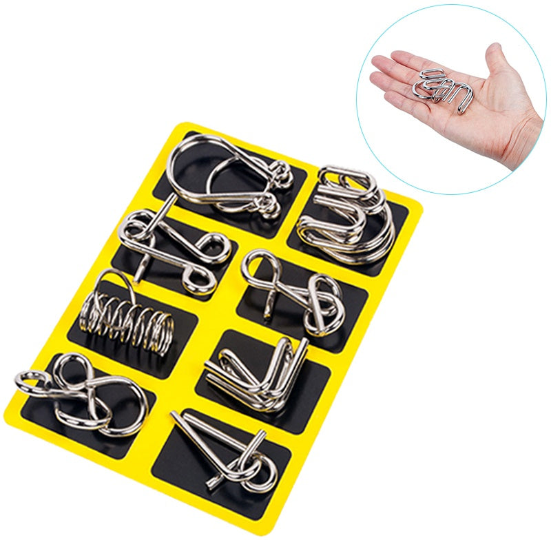 Eight Metal Wire Puzzles with Polished Finish for Desk Breaks Travel Days and Quiet Evenings