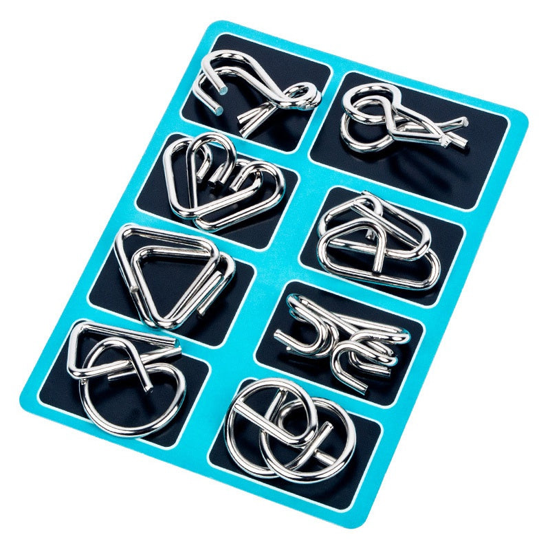 Eight Metal Wire Puzzles with Polished Finish for Desk Breaks Travel Days and Quiet Evenings