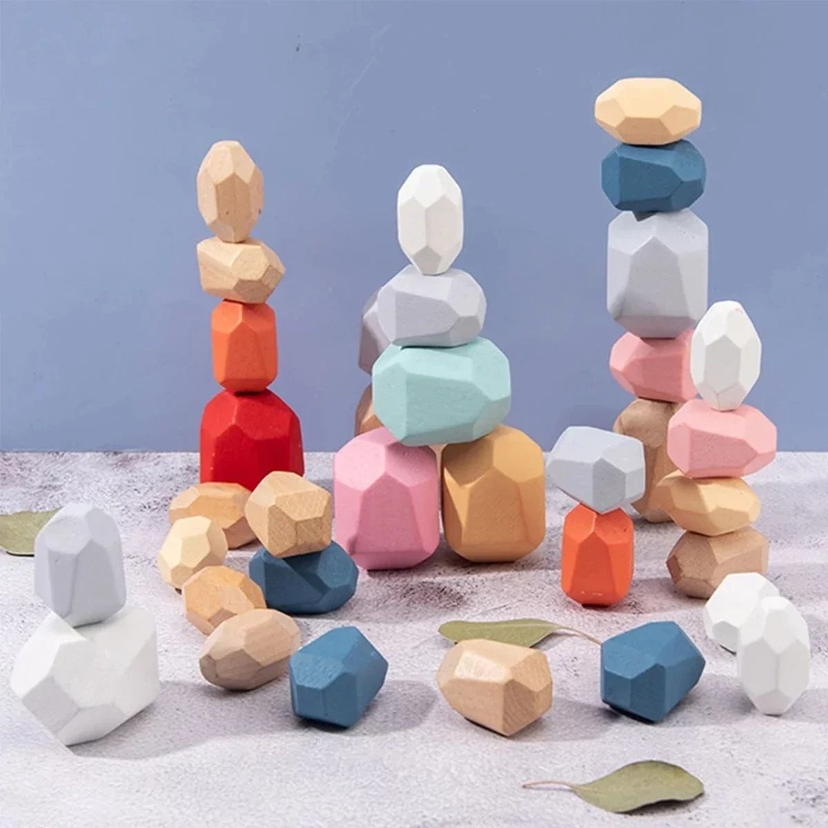 Set of 36 Colorful Wooden Stones in Odd Shapes for Stacking Towers and Testing Balance