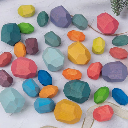Set of 36 Colorful Wooden Stones in Odd Shapes for Stacking Towers and Testing Balance