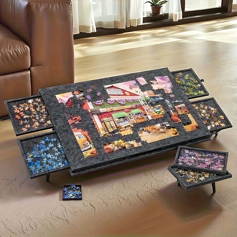 Tabletop Puzzle Board with Six Pull Out Drawers Tilting Legs and Lid for 1000 Piece Puzzles