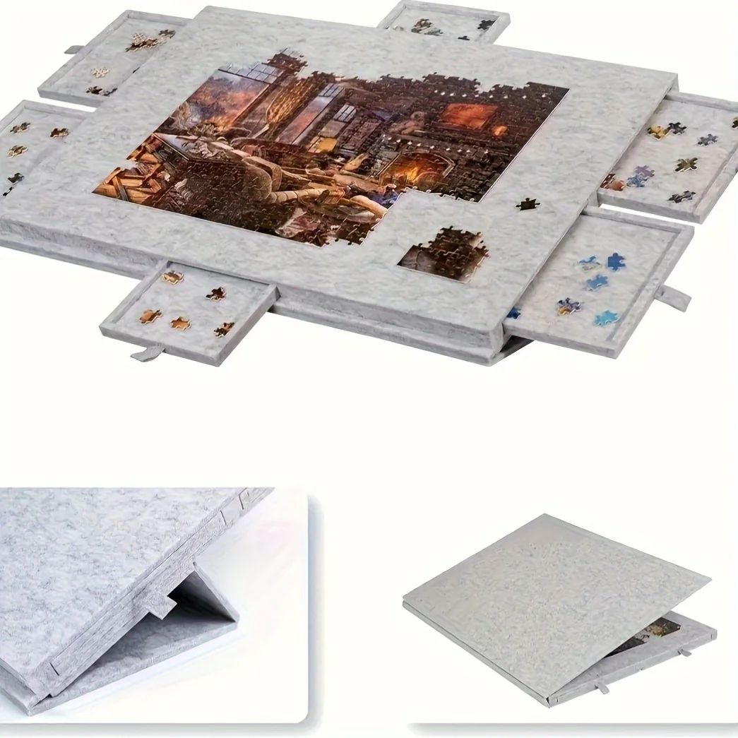 Tabletop Puzzle Board with Six Pull Out Drawers Tilting Legs and Lid for 1000 Piece Puzzles