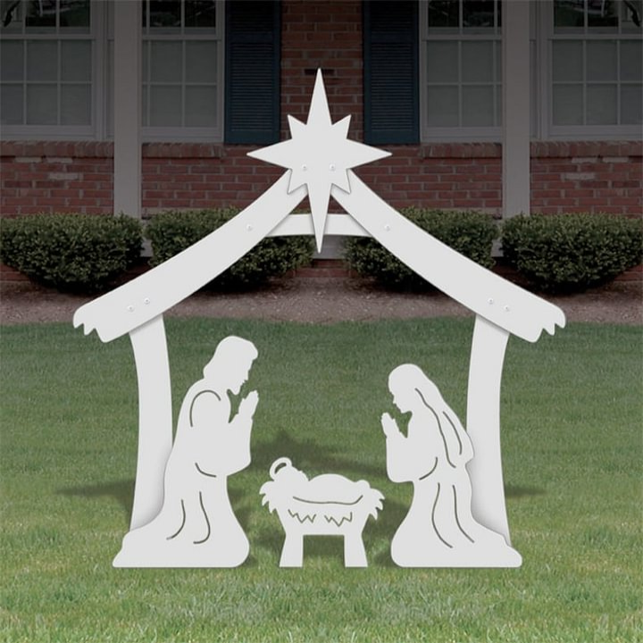 Yard Nativity Scene Made of Four Ultra Thick PVC Pieces with a Stable, Mary, Joseph and Baby Jesus