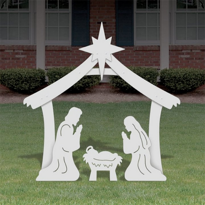 Yard Nativity Scene Made of Four Ultra Thick PVC Pieces with a Stable, Mary, Joseph and Baby Jesus