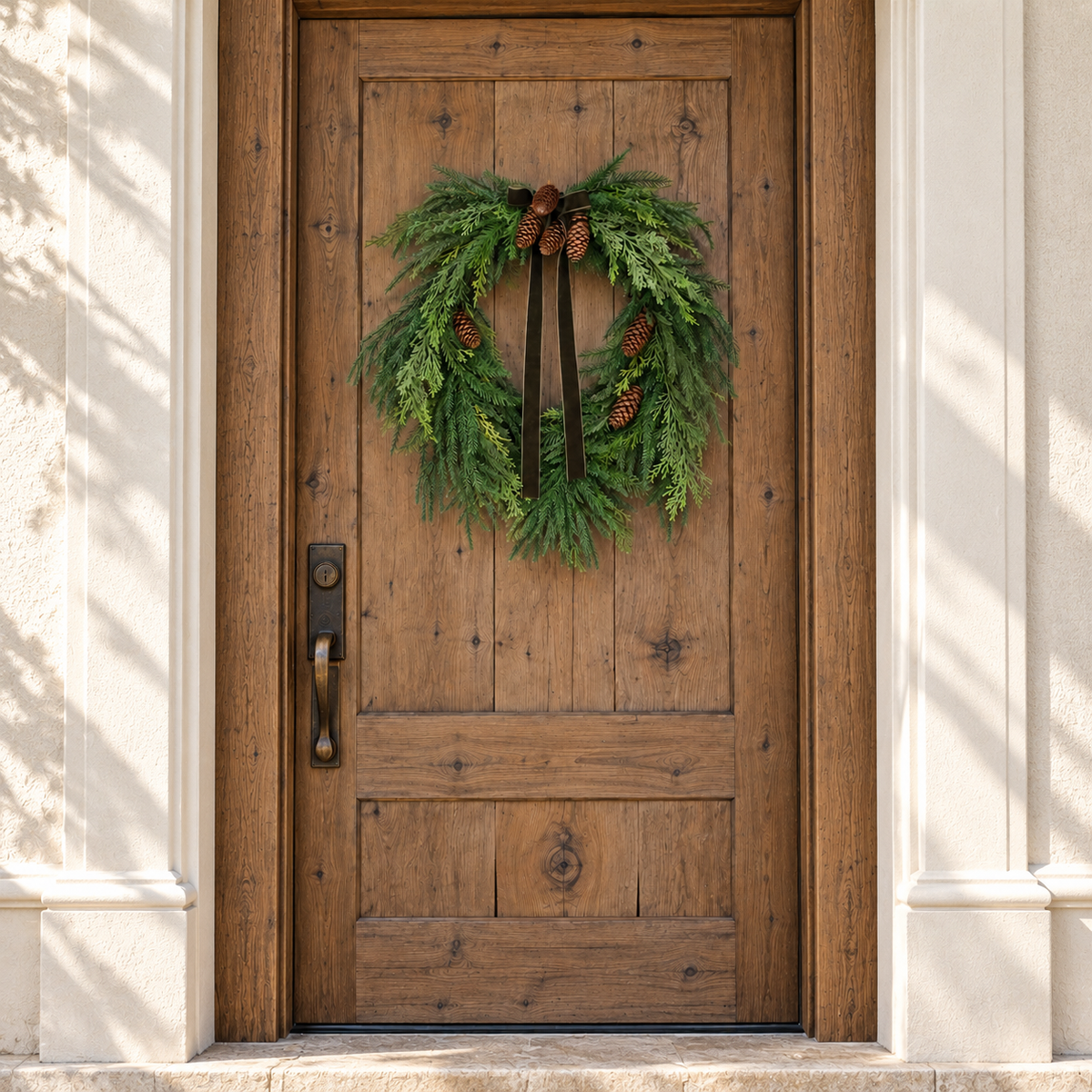 Heart Shaped Pine Wreath with Pine Cones and Hunter Green Ribbon 24 Inch