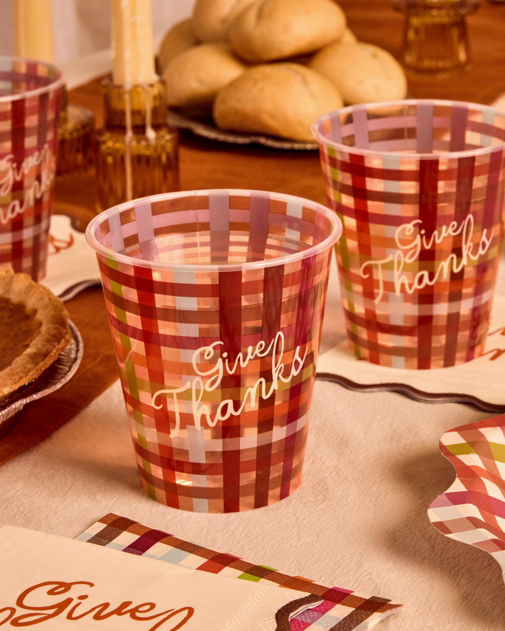 Thanksgiving Paper Cups with Plaid Pattern and Give Thanks Script, 16-Count
