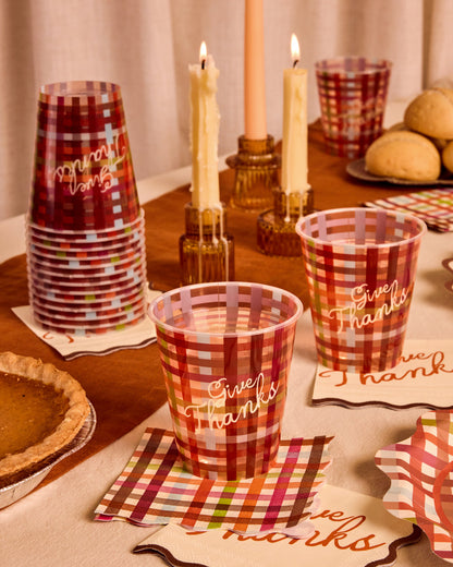 Thanksgiving Paper Cups with Plaid Pattern and Give Thanks Script, 16-Count