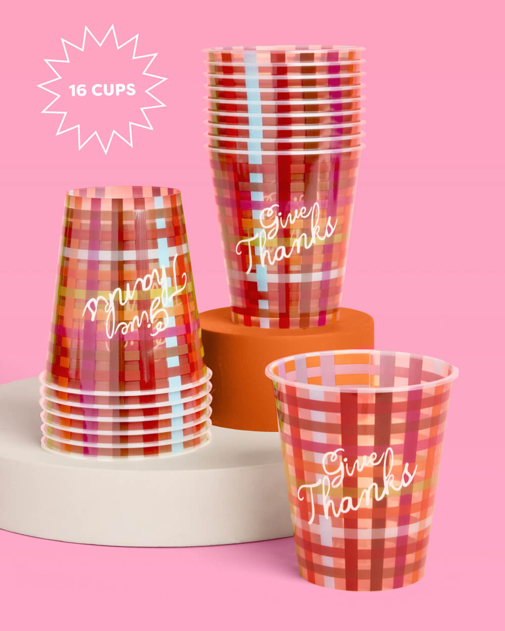 Thanksgiving Paper Cups with Plaid Pattern and Give Thanks Script, 16-Count