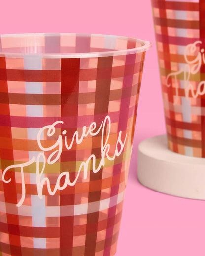 Thanksgiving Paper Cups with Plaid Pattern and Give Thanks Script, 16-Count