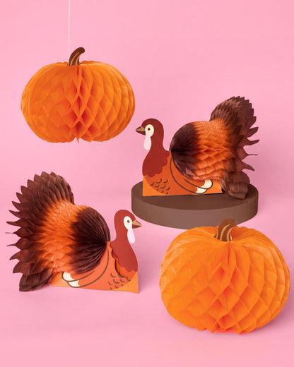 Accordion Paper Decorations with Turkey and Pumpkin Designs, 4-Piece Fall Set