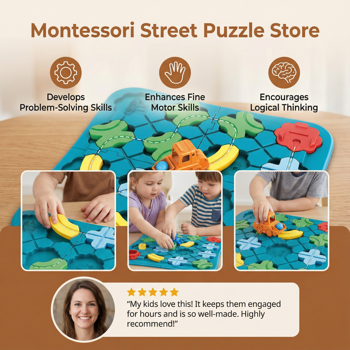 Colorful Street Layout Puzzle with a Movable Vehicle for Building Roads and Towns